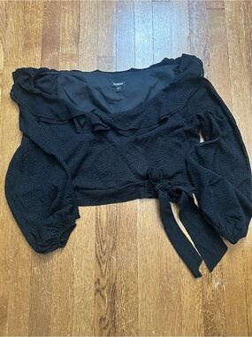Express Black Off-the-Shoulder Ruffle Wrap Crop Top